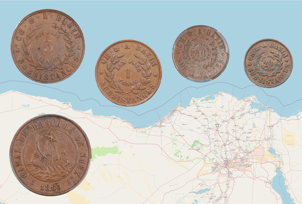 Map of Egypt in the background with four Suez Canal tokens placed on the map